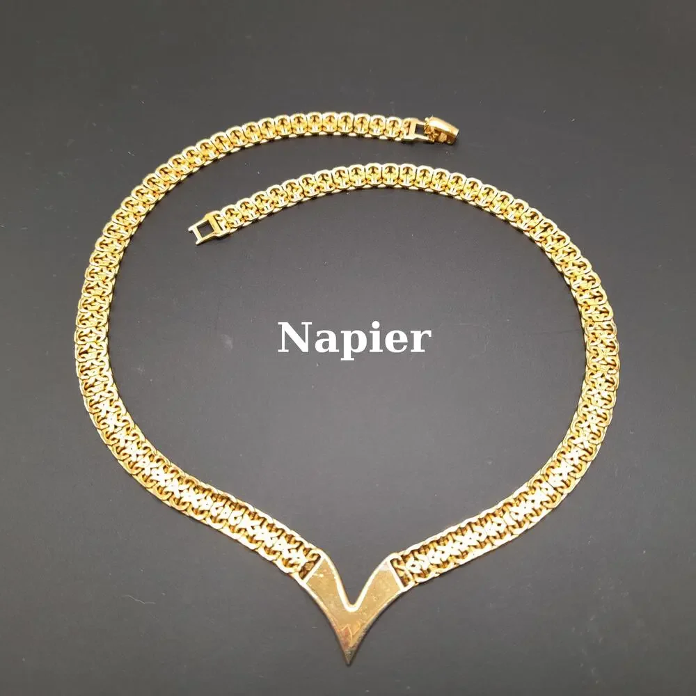 Vintage Napier Gold V Necklace 17 Inch Signed Statement